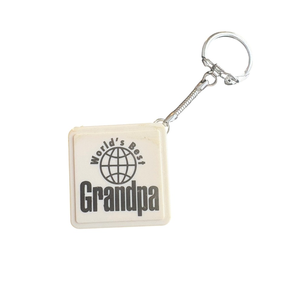 Vintage World's Best Grandpa‎ White Plastic Keychain Key Ring Gift Souvenir
